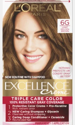 L'Oreal Crème Permanent Triple Care Hair Color 6G Light Golden Brown Clearance